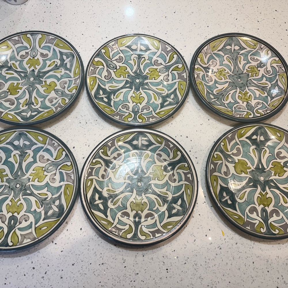 Pottery Barn Ceramic Plate Set with Green and Teal Pattern